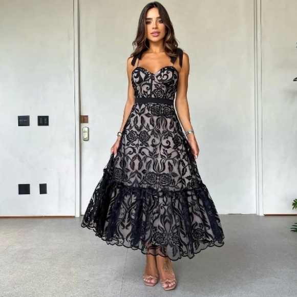 Boutique M Dresses & Skirts - Elegant Black Floral Midi Dress. Waist 14" INCHES